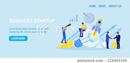 Innovation to launch new idea. Businessman think and develop new project, organize and launch innovation product. Startup or start new company. Innovative rocket flying from broken light bulb 128403340