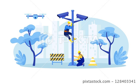 CCTV installation. Employees of company install camera on city street. Electrician repairing security cameras for surveillance. Video surveillance for protection CCTV installation. Employees of company install camera on city street. Electrician repairing security cameras for surveillance. Video surveillance for protection 128403341