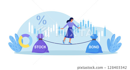 Woman keep calm balancing on rope, choosing between stocks and bonds. Diversify portfolio investments. Passive invest wealth accumulate. Balanced investment strategy. Finance asset allocation 128403342