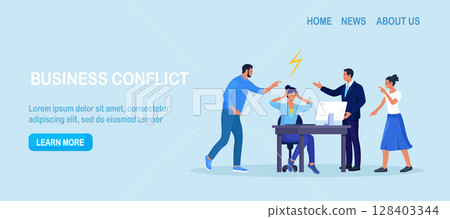 Abuse or bullying colleague. People blaming at depressed businessman. Worker sitting at desk with computer and documents hiding head. Employees point fingers and laugh. Emotional stress on work 128403344