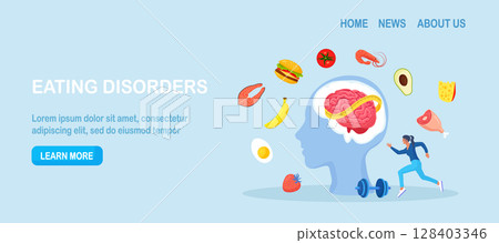 Eating disorders as psychological illness. Excessive weight control, food limitation. Woman worrying about her appearance, doing exercise. Addiction to slimming, dieting and mental guilty feeling 128403346