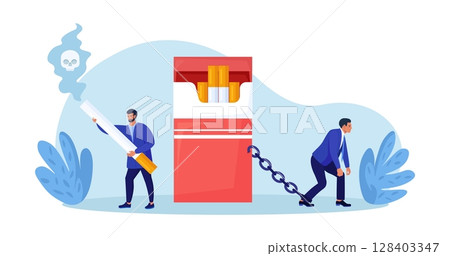 Nicotine addiction. Unhealthy habit smoking tobacco. Addict man chained to cigarette box. Nicotine craving. Man want to quit smoking. Bad habit rehab 128403347