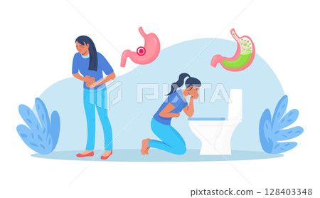 Sick character vomiting in toilet. Nausea stomach ache. Food or alcohol poisoning, digestive problem. Woman with signs and symptoms of pregnancy. Gastritis, appetite loss 128403348