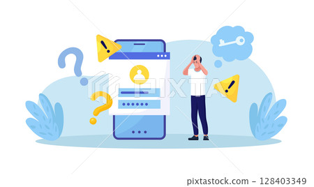 Confused man forgetting her password for web page. User assistance and password reset services. Person who forgot his personal data when he wanted to log in. Authorization and identification 128403349