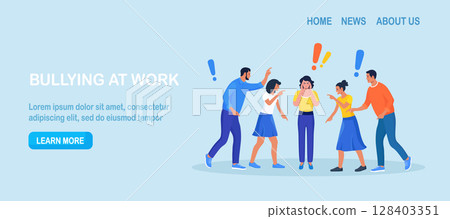 Group of violent people bullying, accusing coworker. Employees point fingers and laugh. Toxic work, abuse, bullying colleagues. Exhausted depressed employee. Angry furious characters yelling at woman 128403351