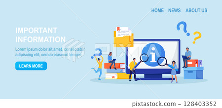 Information service, providing info. FAQ or question and answer. Users looking for information with computer with magnifier. Technical assistance guide, manual for hardware and software 128403352