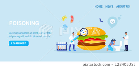 Woman with symptoms of food poisoning is holding a sick stomach. Nausea, intoxication. Inspector doing quality control of fast food. Food poisoning poor quality hamburger. Pathogenic microorganisms Woman with symptoms of food poisoning is holding a sick stomach. Nausea, intoxication. Inspector doing quality control of fast food. Food poisoning poor quality hamburger. Pathogenic microorganisms 128403355