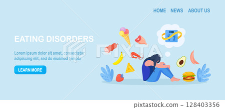 Eating disorders as psychological illness. Excessive weight control. Depressed woman worries about being overweight. Addiction to slimming, mental guilty feeling. Overeating, bulimia, anorexia Eating disorders as psychological illness. Excessive weight control. Depressed woman worries about being overweight. Addiction to slimming, mental guilty feeling. Overeating, bulimia, anorexia 128403356
