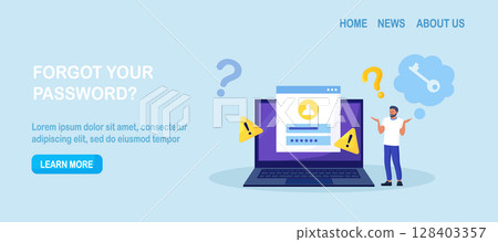 Confused man forgetting her password for web page. User assistance and password reset services. Person who forgot his personal data when he wanted to log in. Authorization and identification 128403357