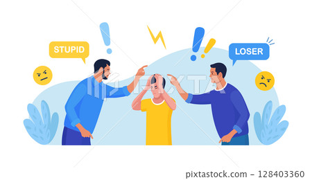 Abuse or bullying colleague. People blaming at depressed businessman. Employees point fingers and laugh at frustrated man. Emotional stress on work. Quarrel or work conflict between colleagues 128403360