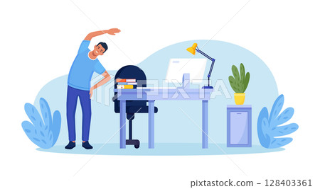 Man doing side bends, stretching. Employee working from home or office doing sport exercises at workplace to get rest and relaxation. Removing tension and muscle soreness. Fitness workout 128403361