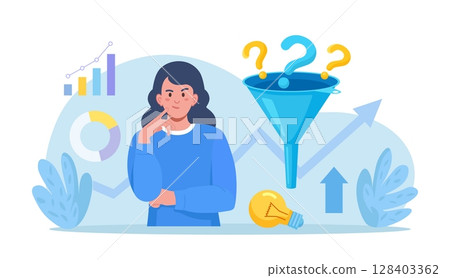 Business woman thinking about attracting customers, followers, making profit. Sales funnel of leads. Business strategy. Monetization tips. Increasing conversion rates SMM strategies 128403362
