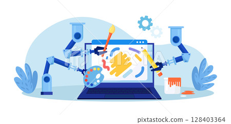 Artificial intelligence generating stunning works of art. Robots with AI technology creating art on computer. Robotic arm create a painting art controlled by a computer algorithm 128403364