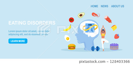 Eating disorders as psychological illness. Excessive weight control, food limitation. Woman worrying about her appearance, doing exercise. Addiction to slimming, dieting and mental guilty feeling 128403366