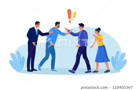 Two groups of people arguing and fighting, business conflict. Teamwork disagreement. Fierce rivalry, unhealthy competition. Colleagues having debate. Angry people arguing or misunderstanding 128403367