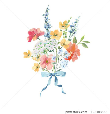 Romantic gouache bouquet with foxglove, poppy, buttercups and Queen Anne lace vintage-style hand-painted floral bunch tied with blue ribbon. Ideal for stationery, fabric design, bridal decor and Romantic gouache bouquet with foxglove, poppy, buttercups and Queen Anne lace vintage-style hand-painted floral bunch tied with blue ribbon. Ideal for stationery, fabric design, bridal decor and 128403388
