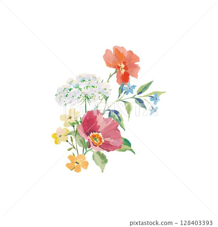 Vintage floral illustration with poppy, buttercups and wild herbs delicate gouache bouquet with Queen Anne lace and blue blossoms. Great for wedding invitations, packaging, feminine branding and retro 128403393