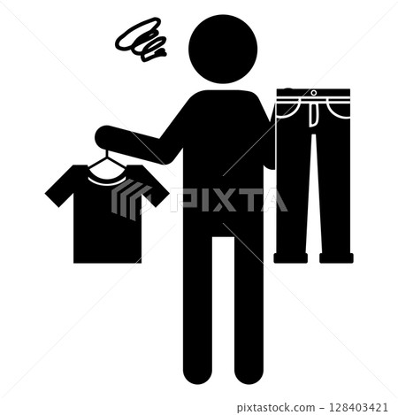 一個人在選擇衣服時遇到困難的象形圖 一個人在選擇衣服時遇到困難的象形圖 128403421