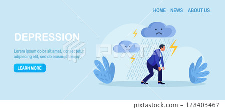 Depressed man walks under falling rain. Depression, mental disease. Sad businessman thinking over problems. Bankruptcy, crisis, burnout syndrome Depressed man walks under falling rain. Depression, mental disease. Sad businessman thinking over problems. Bankruptcy, crisis, burnout syndrome 128403467