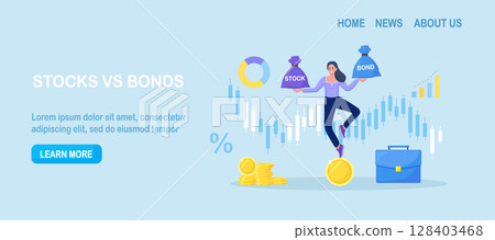 Woman investor balancing as acrobat on giant dollar coin, choosing between stocks and bonds. Diversify portfolio investments. Wealth accumulate. Balanced investment strategy. Finance asset allocation Woman investor balancing as acrobat on giant dollar coin, choosing between stocks and bonds. Diversify portfolio investments. Wealth accumulate. Balanced investment strategy. Finance asset allocation 128403468