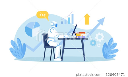 Humanoid robot working at computer in office workspace. Artificial intelligence, AI. Automation business process. Work organization. Project management, software development. Automated business system 128403471