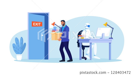 Artificial Intelligence is replacing humans. AI robot fires an employee. Unemployment, job loss due to technological progress, layoffs. Robotics industry. Automated labor. Robotic Process Automation 128403472