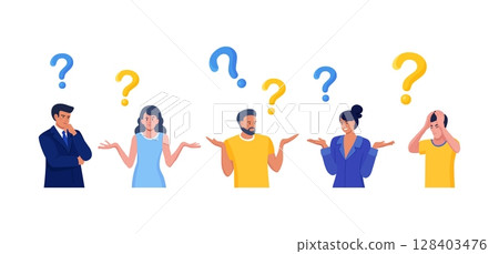 People thinking or solving problem. Frequently asked questions. Characters doubts and questioning everything with question mark. Searching solution 128403476