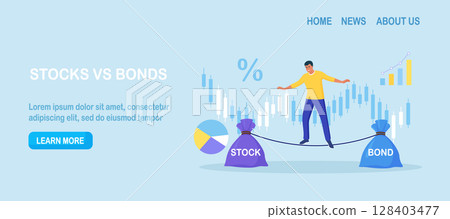 Businessman keep calm balancing on rope, choosing between stocks and bonds. Diversify portfolio investments. Passive invest wealth accumulate. Balanced investment strategy. Finance asset allocation 128403477