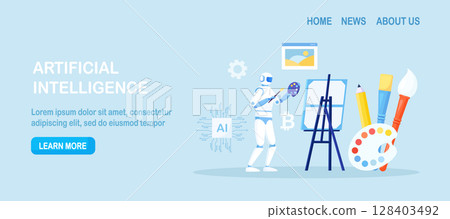 Robot painting creating artwork. Artificial intelligence generating stunning works of art. Robotic technologies in hobbies. AI artist standing and drawing picture with brush 128403492