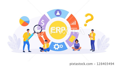 ERP Enterprise resource planning, productivity and company enhancement. Business integration, productivity and company enhancement. Business character consulting of financial operation 128403494
