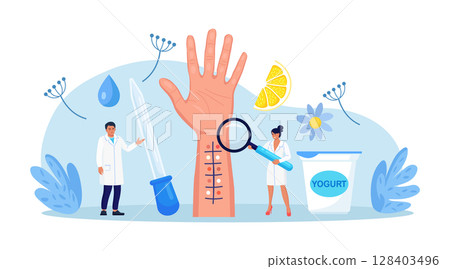 Allergy test. Hand with incisions for testing for allergens. Doctors warning against eating dairy products, citrus for patient with allergic reaction 128403496