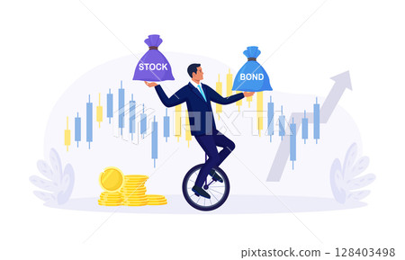 Businessman balancing as acrobat on wheel, choosing between stocks and bonds. Diversify portfolio investments. Passive invest wealth accumulate. Balanced investment strategy. Finance asset allocation 128403498
