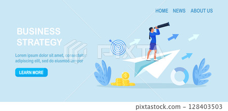 Businessman flying in the sky on a paper plane and looking through binoculars. Business navigation. Leadership, business growth and development. Character looking for opportunities. Search new idea Businessman flying in the sky on a paper plane and looking through binoculars. Business navigation. Leadership, business growth and development. Character looking for opportunities. Search new idea 128403503