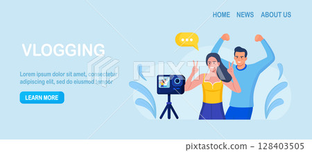 Blogger people make video blog content, channel in social media. Man and woman in front of phone camera recording video to share it in internet. Live streaming, broadcast. Online conferencing 128403505