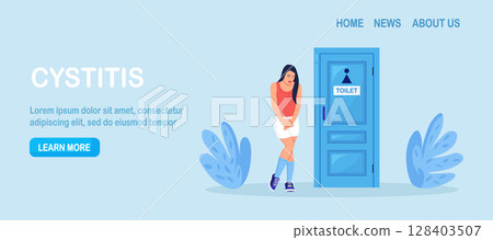 Woman suffer from cystitis or urinary infection, standing at the closed toilet door and want to pee. Female character suffering from diarrhea, hemorrhoids, constipated. Person with bladder disease Woman suffer from cystitis or urinary infection, standing at the closed toilet door and want to pee. Female character suffering from diarrhea, hemorrhoids, constipated. Person with bladder disease 128403507