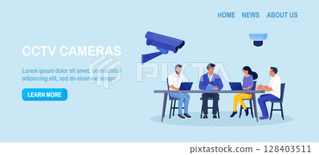 Corporate control. Personal security, face authentication. Video surveillance and CCTV cameras provide safety. Security camera takes pictures of office workers. Protection of workers Corporate control. Personal security, face authentication. Video surveillance and CCTV cameras provide safety. Security camera takes pictures of office workers. Protection of workers 128403511