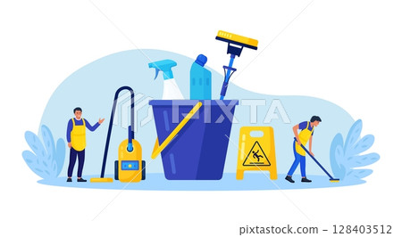 Cleaning service or company. People doing housework. Janitor in uniform washing floor. Professional hygiene service for domestic households. Sanitary chemical products for laundry, floor, toilet Cleaning service or company. People doing housework. Janitor in uniform washing floor. Professional hygiene service for domestic households. Sanitary chemical products for laundry, floor, toilet 128403512