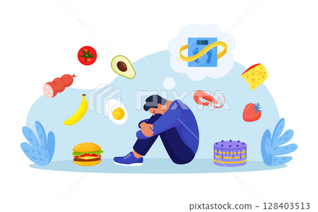 Eating disorders as psychological illness. Excessive weight control, food limitation. Depressed man worrying about his appearance. Addiction to slimming, dieting, mental guilty feeling Eating disorders as psychological illness. Excessive weight control, food limitation. Depressed man worrying about his appearance. Addiction to slimming, dieting, mental guilty feeling 128403513