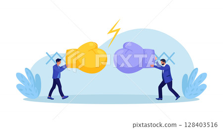 Business people fighting in boxing gloves. Conflict between coworkers or misunderstanding. Tensed argument of two partners or colleagues. Confrontation. Aggressive quarrel, two opponents fight 128403516