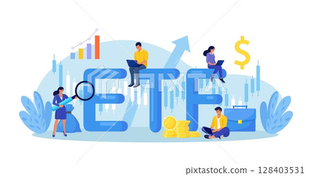 Exchange Traded Funds. ETF. Businessman tracking investment index trading in stock market. Financial broker. Income, investment and saving concept. Business character making financial operation 128403531