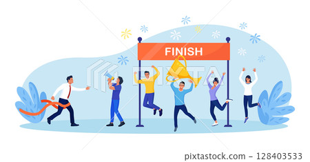 Businessman finished first in a market race. Business success. Winner breaks the finishing tape. Business person takes leadership position, celebrates victory. Goal achievement award Businessman finished first in a market race. Business success. Winner breaks the finishing tape. Business person takes leadership position, celebrates victory. Goal achievement award 128403533