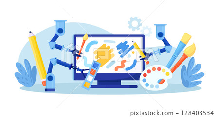 Artificial intelligence generating stunning works of art. Robots with AI technology creating art on computer. Robotic arm create a painting art controlled by a computer algorithm 128403534
