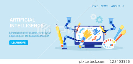 Artificial intelligence generating stunning works of art. Robots with AI technology creating art on computer. Robotic arm create a painting art controlled by a computer algorithm Artificial intelligence generating stunning works of art. Robots with AI technology creating art on computer. Robotic arm create a painting art controlled by a computer algorithm 128403536