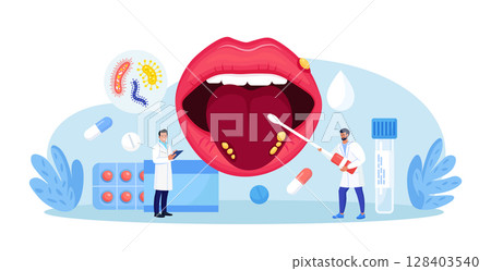 Herpes simplex virus on human lips. Dermatological disease with watery blisters in the skin. STD infection. Doctors diagnosis HSV virus. Clinical exam, visual inspection, laboratory tests 128403540