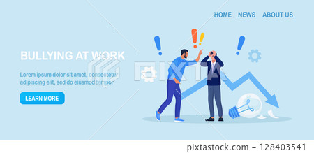 Abuse or bullying colleagues. Boss scolding, rebuking incompetent employee. Businessman as victim of bullies. Fear of failure, loser afraid of business mistake, anxiety or stressed from work pressure Abuse or bullying colleagues. Boss scolding, rebuking incompetent employee. Businessman as victim of bullies. Fear of failure, loser afraid of business mistake, anxiety or stressed from work pressure 128403541