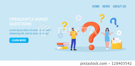 Confused man asks questions. People are looking for solutions and asking for help, finding an answer. A man and a woman are discussing near a huge question mark. Problems and uncertainty, indecision Confused man asks questions. People are looking for solutions and asking for help, finding an answer. A man and a woman are discussing near a huge question mark. Problems and uncertainty, indecision 128403542