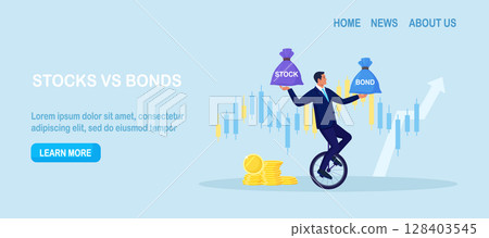 Businessman balancing as acrobat on wheel, choosing between stocks and bonds. Diversify portfolio investments. Passive invest wealth accumulate. Balanced investment strategy. Finance asset allocation Businessman balancing as acrobat on wheel, choosing between stocks and bonds. Diversify portfolio investments. Passive invest wealth accumulate. Balanced investment strategy. Finance asset allocation 128403545