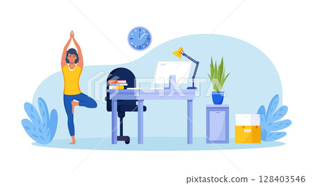 Woman doing side bends, stretching. Employee working from home or office doing sport exercises at workplace to get rest and relaxation. Removing tension and muscle soreness. Fitness workout Woman doing side bends, stretching. Employee working from home or office doing sport exercises at workplace to get rest and relaxation. Removing tension and muscle soreness. Fitness workout 128403546