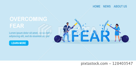 Business people fighting with fear. Overcome fear, challenge difficulty, courage to fight back. Character win over obstacle or difficulty. Confrontation or confidence to defeat fear Business people fighting with fear. Overcome fear, challenge difficulty, courage to fight back. Character win over obstacle or difficulty. Confrontation or confidence to defeat fear 128403547
