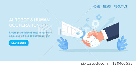 Handshake human and android. Contract with ai robot, technology professional partnership. Businessman and artificial intelligence shaking hands. Future cooperation, technology Advance, innovation Handshake human and android. Contract with ai robot, technology professional partnership. Businessman and artificial intelligence shaking hands. Future cooperation, technology Advance, innovation 128403553